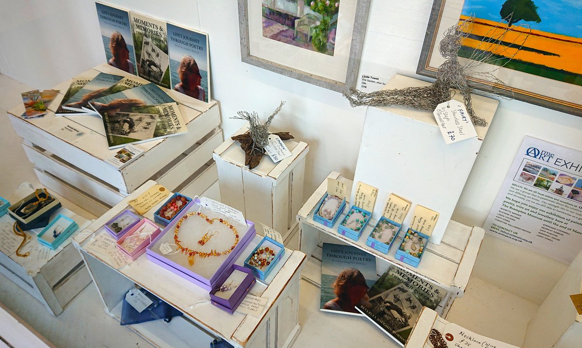 There's just a few days left to see (and buy) the lovely artworks in our foyer window case before the display ends this Sunday.
The works are by the Orme Art group & includes jewellery, paintings, sculpture and poetry books.
#localartists #shoplocal #buylocal #newcastleunderlyme