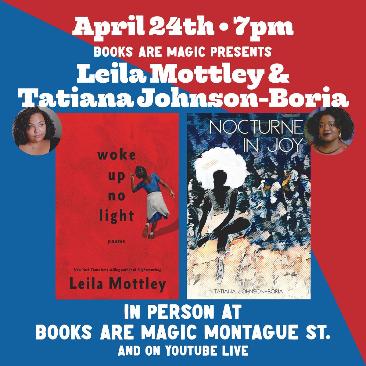 NEXT WEEK: Join @leilamottley and I at @booksaremagicbk for an evening of poetry. I'm excited to see some of you all in Brooklyn! Get your tickets here: buff.ly/3TjUOrm