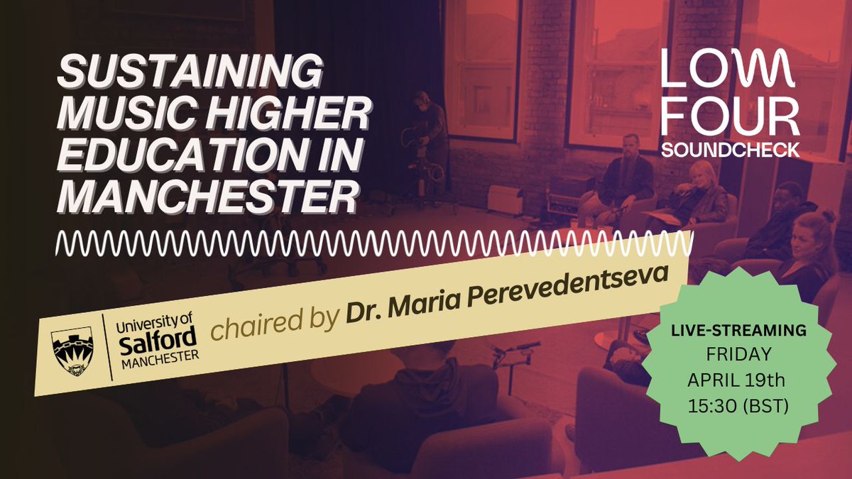 Dr. Maria Perevedentseva discusses sustaining our higher-education music provision w/ Dr Neil Bruce @ManMetUni Dr Roddy Hawkins @OfficialUoM Prof Nicholas Reyland @rncmlive Sylvie Heath @BimmManchester Sarah Unwin @SalfordUni Watch online or in person lowfour.tv/soundcheck