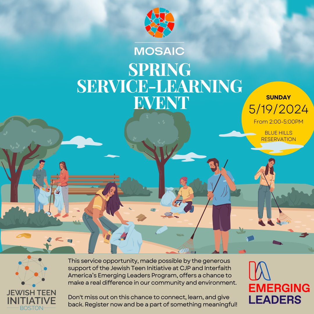 Join us for Mosaic's Spring Service Learning Event on May 19th, 2024! Youth will learn about environmentalism, build relationships across differences, and have fun. Thanks to the generous support of @JewishTeenCJP and @InterfaithAmerica. 

forms.gle/EyS8igVjktsGjN…