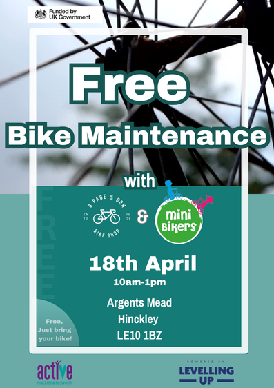 Join us between 10am and 1pm tomorrow (Thursday 18 April) for a free bicycle maintenance event in Argents Mead. Bikes will be serviced on a first-come, first-served basis. For further details, please contact leo.sawyers@hinckley-bosworth.gov.uk.