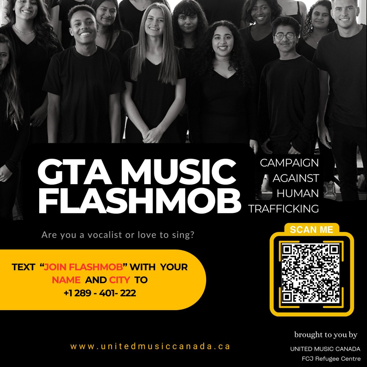 FCJ Refugee Centre and United Music Canada are organizing a flash mob to raise awareness about human trafficking in Canada. Scan the code to join if you want to be part of an opportunity to advocate through music! 👇