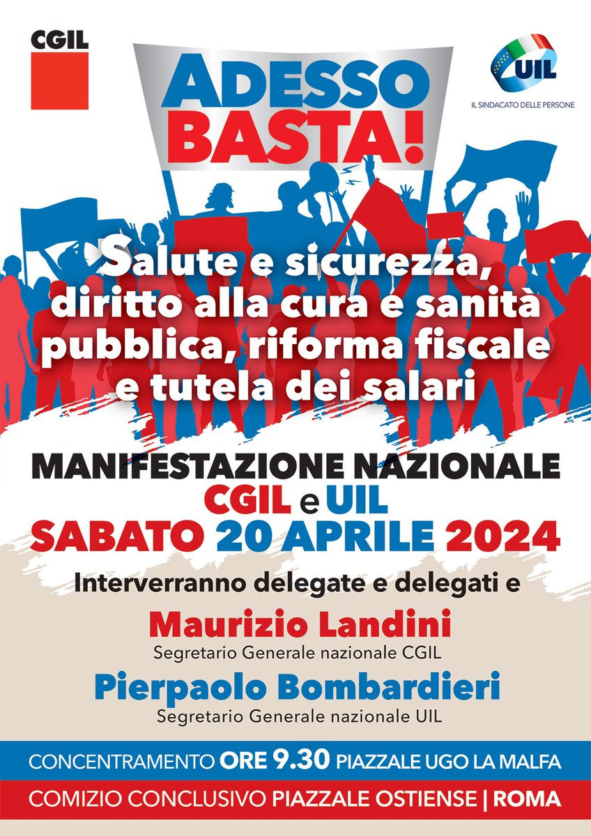 cgilnazionale's tweet photo. 🟥 20 APRILE IN PIAZZA A ROMA: ECCO PERCHÈ

Una grande manifestazione nazionale #CgilUil per salute e sicurezza, diritto alla cura e sanità pubblica, per la riforma fiscale e la tutela dei salari

📍9.30 corteo da piazzale Ugo La Malfa a Ostiense

▶️https://t.co/GTPScLsUfu https://t.co/qPrwbmkaN9