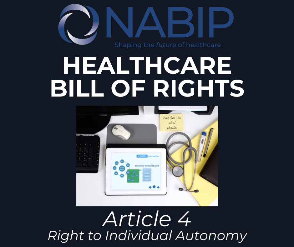 Healthcare providers, provide all relevant information for informed decisions, fostering a culture of shared decision-making. Together, we can empower individuals to take charge of their own health.
ow.ly/n7lo50Ri9uL

#NABIP #NABIPHealthcareBillofRights #PatientEmpowerment