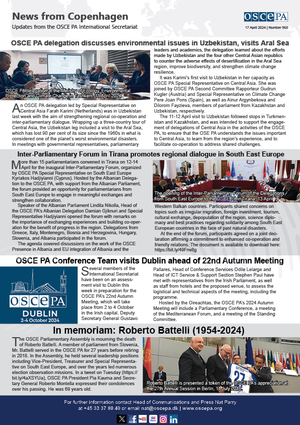 NfC 965: #OSCEPA delegation discusses environmental issues in #Uzbekistan; Inter-Parliamentary Forum promotes regional dialogue in SE Europe; #OSCE PA Conference Team visits Dublin ahead of 22nd Autumn Meeting; In memoriam: Roberto Battelli (1954-2024) ▶️ oscepa.org/en/news-a-medi…