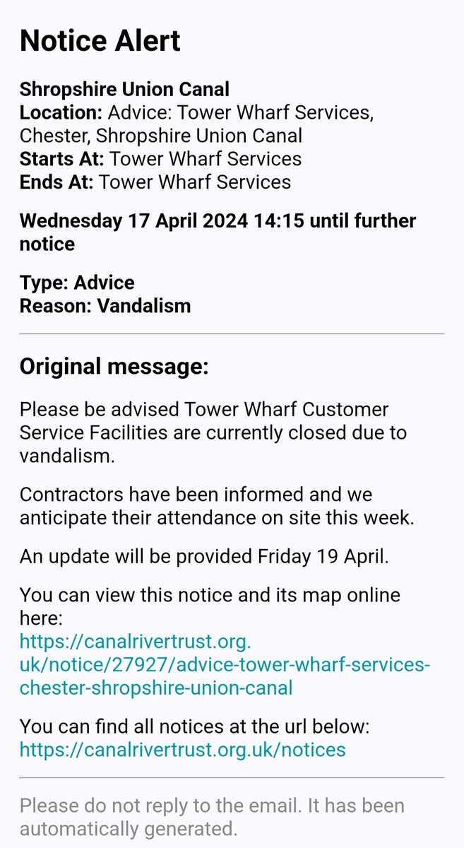 Tower Wharf customer facilities are out of order due to vandalism 
@CRTBoating
#NorthgateLocks
#Chester
#ShropshireUnionCanal 
@CRTNorthWest
@CRTvolunteer
#volunteerbywater
#KeepCanalsalive