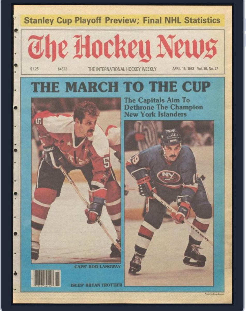 THIS WEEK IN 1983: #isles C BRYAN TROTTIER makes the cover of @TheHockeyNews ‘ #stanleycup preview issue along with Rod Langway as the #isles opened their 4th cup quest vs. Washington in the Caps 1st ever playoff series. #nhl #80s #lgi #dynasty