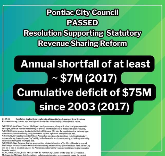 Thank you Pontiac Council President Mike McGuiness for  spearheading this resolution in Pontiac.  Pontiac passed their Resolution Urging Statutory Revenue Sharing Reform at their March 12, 2024 meeting!

IMAGINE what Pontiac could have done with an extra 75M!! #statutoryrevenue