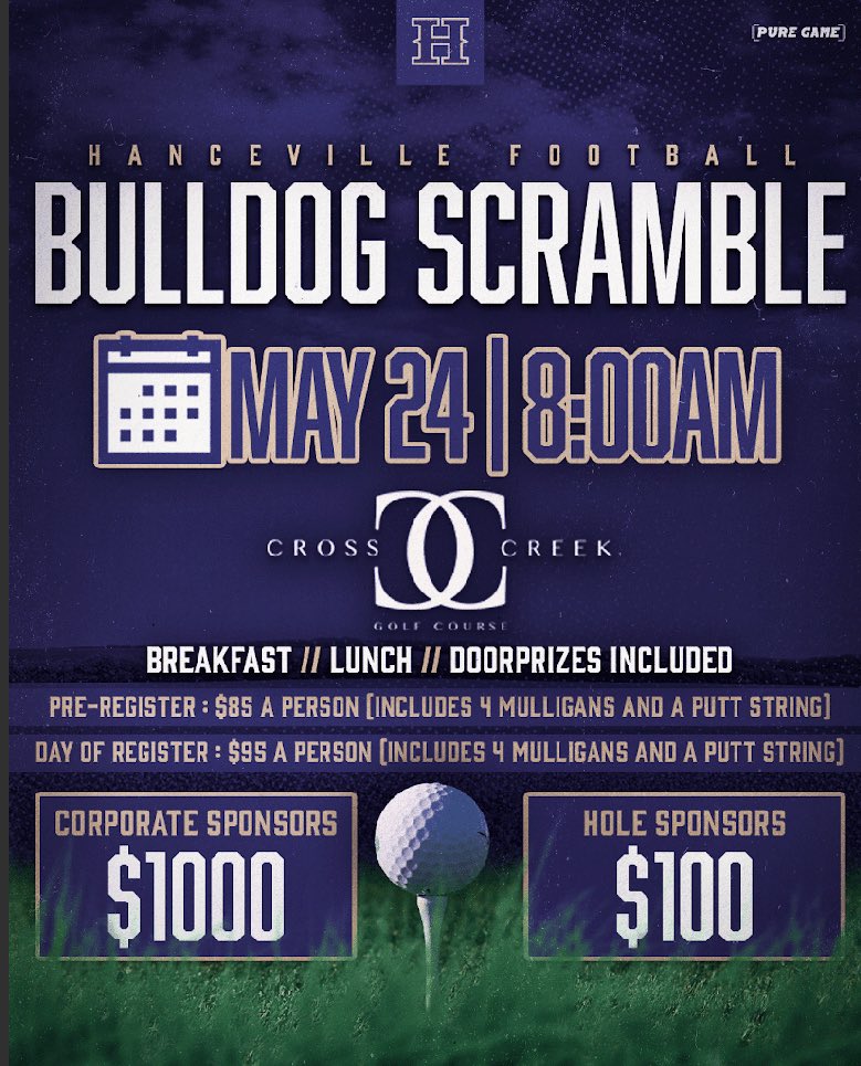 The Annual Bulldog Scramble is coming up May 24th at Cross Creek Golf Course! Please use the links below to enter your team or become a hole sponsor! Contact Coach Estes with questions (lestes@ccboe.org) Team link: swipesimple.com/links/lnk_f354… Sponsor link: swipesimple.com/links/lnk_cf37…