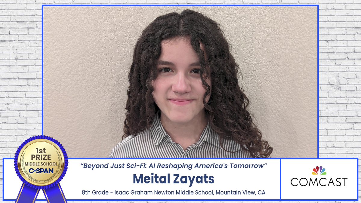 Congratulations to Meital Zayats from Isaac Graham Newton Middle School in Mountain View, California who won 1st Prize for the documentary, 'Beyond Just Sci-Fi: AI Reshaping America's Tomorrow.' It airs today on C-SPAN and you can watch it here: studentcam.org/2024-1stPrize-…