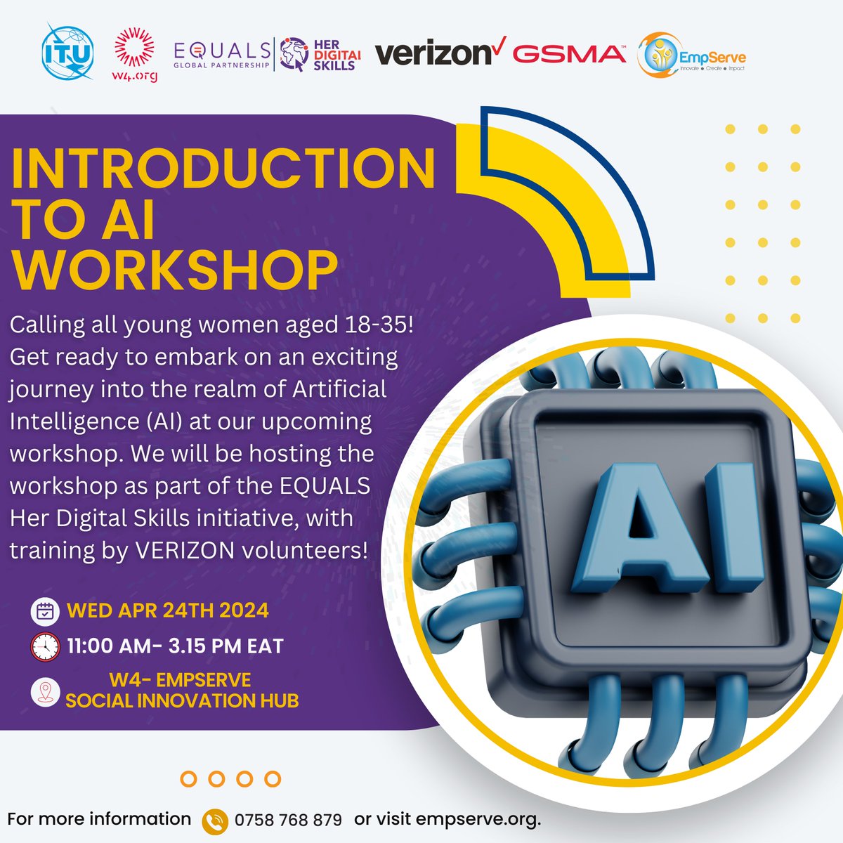 empserve's tweet image. As part of the EQUALS Her Digital Skills initiative, we will be hosting an Introduction to AI Workshop. The training will be facilitated by Verizon volunteers and introduce participants to foundational elements of Artificial Intelligence.
@WomensW4
#EQUALS #HerDigitalSkills #AI