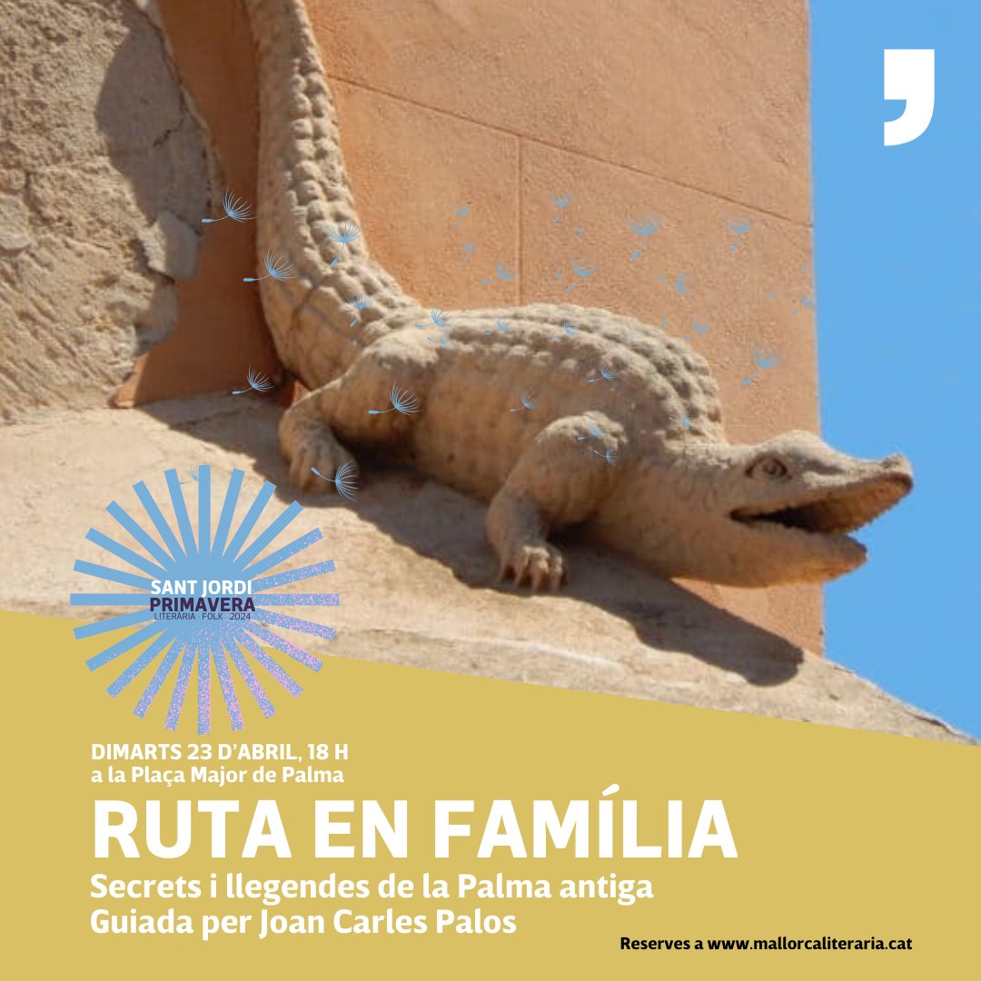 Dimarts 23/04:

🚶‍♀️ Ruta poètica 'Palma en vers': guiada per <a href="/mallauger/">Miquel Àngel Llauger</a> 
10.30 h · plaça de Santa Eulàlia, Palma

🚶 Ruta en família 'Secrets i llegendes de la Palma antiga': guiada per <a href="/Tronc96/">Joan Carles Palos i Nadal 🎗</a>
18 h · plaça Major de Palma

+⬇️⬇️⬇️