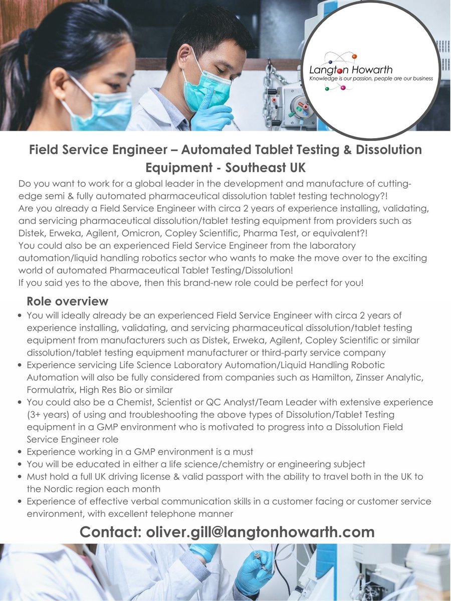 NEW JOB ALERT!
Field Service Engineer – Automated Tablet Testing & Dissolution Equipment - Southeast UK 
zurl.co/qXvc 
#FieldServiceEngineer #jobopportunities #LangtonHowarth