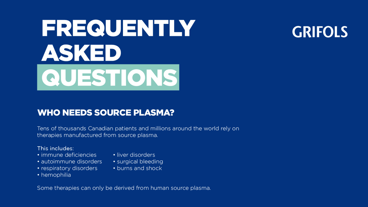 Source plasma is vital for thousands of Canadian patients and millions worldwide, with some therapies exclusively derived from human source plasma. 👇 Ready to donate with questions? Click here for all donor FAQs: giveplasma.ca/donors/faq/ #PlasmaDonation #Grifols #Health
