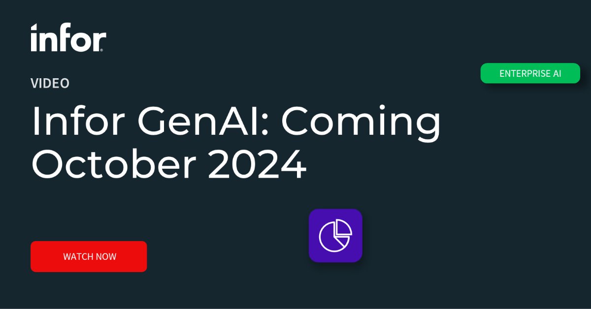 We're thrilled to announce Infor GenAI, available October of this year! Watch our preview demo to see how Infor GenAI allows you to rapidly overcome industry-specific challenges right within your Infor CloudSuite. bit.ly/49VS2PD #GenerativeAI #InforOS