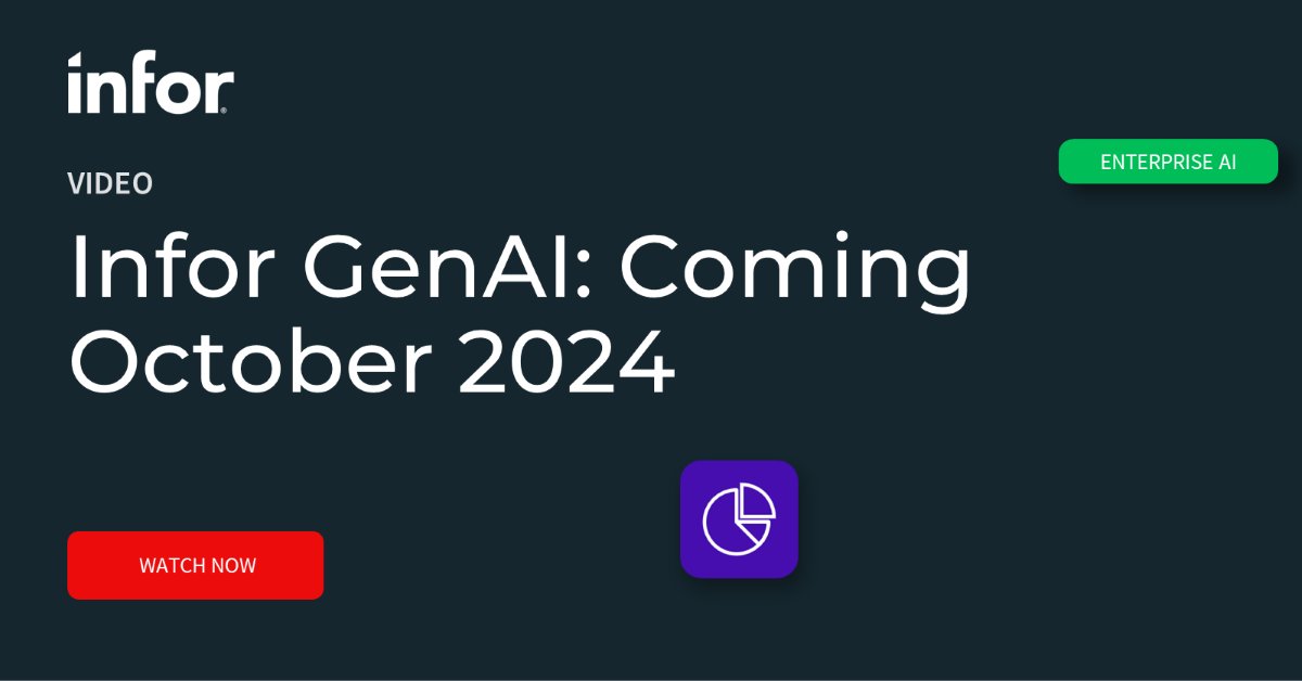 Infor's tweet image. We&apos;re thrilled to announce Infor GenAI, available October of this year!

Watch our preview demo to see how Infor GenAI allows you to rapidly overcome industry-specific challenges right within your Infor CloudSuite. bit.ly/49VS2PD

#GenerativeAI #InforOS