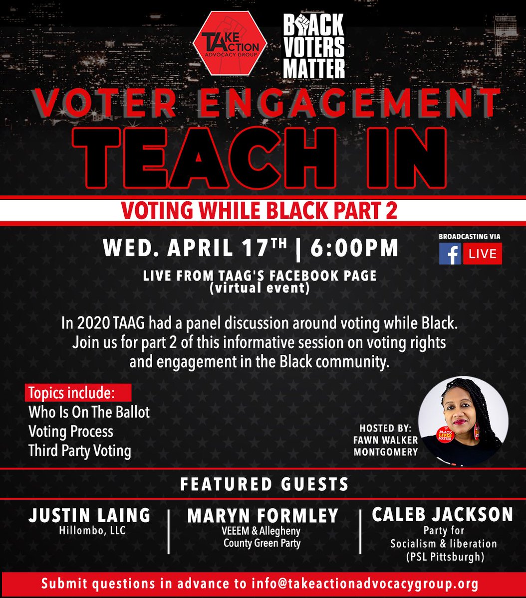 Don't miss out on Voting While Black! Join us TODAY to discuss who's on the ballot, voting process, and the role of third-party voting. Your voice matters - be informed and empowered! Email info@takeactionadvocacygroup.org to submit your questions in advance. #VotingWhileBlack