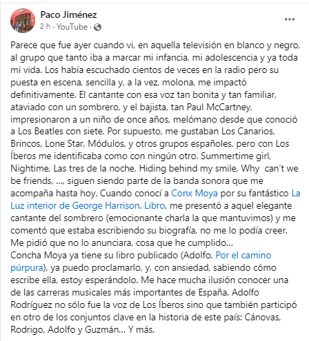 Qué bonitas palabras las de mi querido Paco Jiménez, Beatlemano, melómano y seguidor de Adolfo Rodríguez desde que era un niño. Gracias, amigo. 'Adolfo. Por el camino púrpura'.