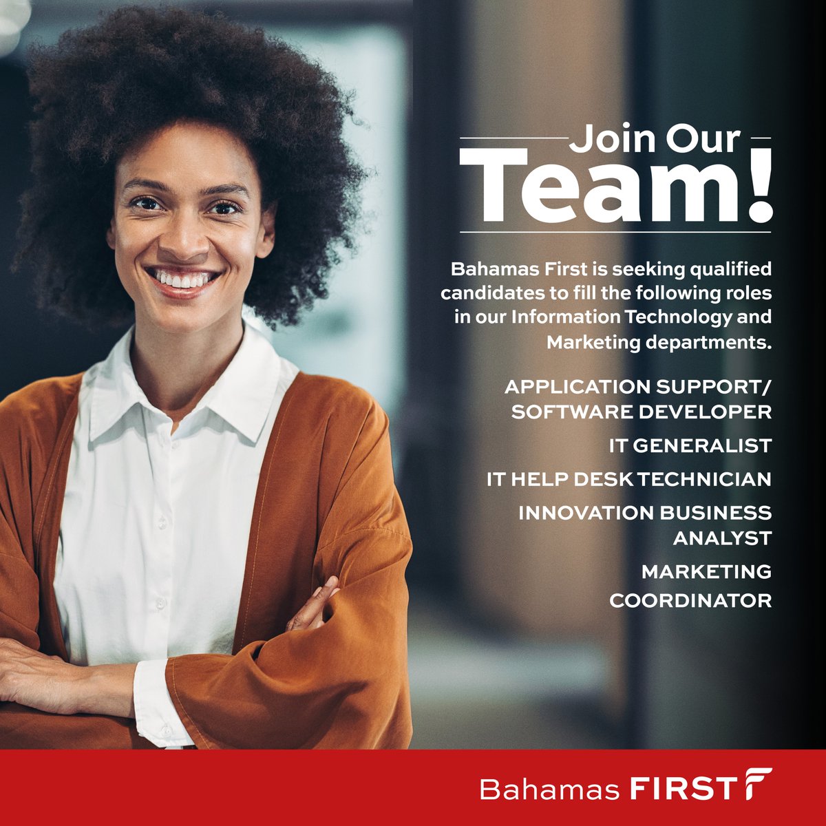 BahamasFirstGen's tweet image. Bahamas First is seeking qualified candidates to fill the following roles in our IT &amp;amp; Marketing departments.

View core responsibilities and eligibility requirements at lnkd.in/e7d84D4i

Interested persons should apply in writing at careers@bahamasfirst.com by 30 April.