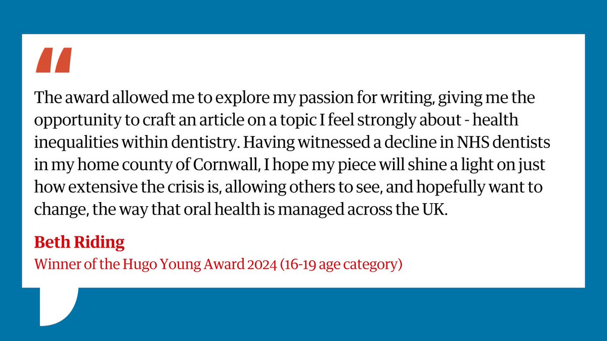 Our 16-18 age category winner, Beth, impressed the judges with her 'journalistic' writing and focus on her community which provided a 'fresh element to the wider discussions around issues of dental care in the UK.' Read Beth's piece: theguardian.com/commentisfree/…