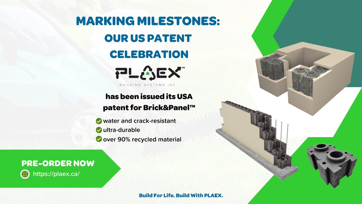 🌱 Celebrating PLAEX's US Patent! 🌱

Excited to announce our US patent! Our sustainable PLAEX Brick&Panel™️ system revolutionizes construction, thanks to our incredible team and supporters!

#InnovateCelebrate #USPatent #GreenInnovation #Sustainability #PLAEXBrick #USPTO