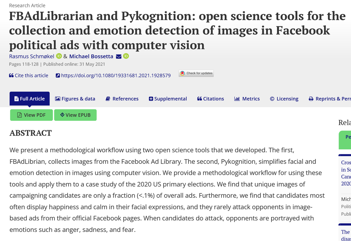 Drs. @Rasmusschmokel & @MichaelBossetta explore how open science tools FBAdLibrian & Pykognition can be used to collect & detect #emotions towards images in political ads on #Facebook.
🙂Happiness & calmness=ads rarely attack opponents
☹️Anger, sadness & fear=ads attack opponents