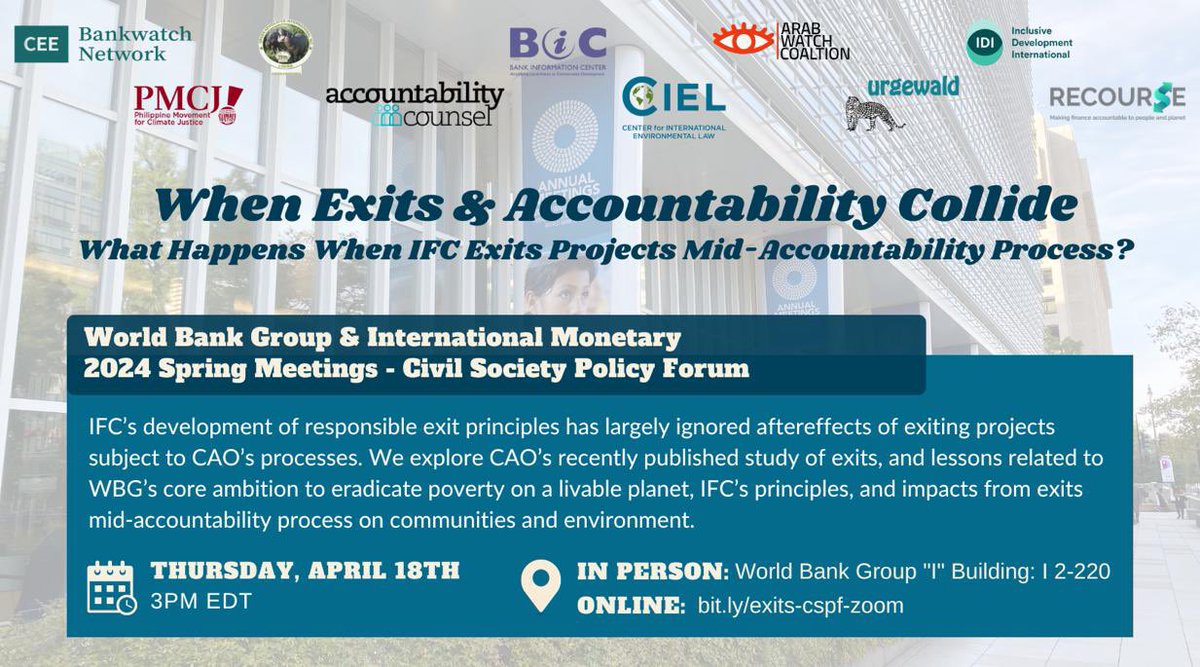 Ambientalist's tweet photo. JOIN US Thursday 👥 @ #CSPF2024

As IFC crafts #Remedy &amp; #ResponsibleExit framework, its principles must reflect:
➡️accountability process lessons
➡️project-affected community experiences 👤 

To guarantee E&amp;S harms are addressed even IF and WHEN the IFC exits

#HumanRights #ESG https://t.co/ZN58Vx2Qj3