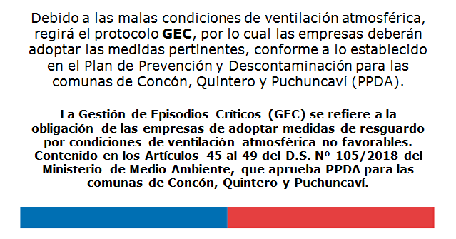 Desde las 20:00 horas del día miércoles 17 de abril hasta las 11:59 horas del jueves 18 de abril, de acuerdo al pronóstico de ventilación atmosférica informado por la SEREMI del Medio Ambiente. #Quintero #Concón #Puchuncaví