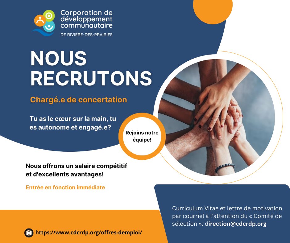 CDCRDP's tweet photo. [ Offre d’emploi à la CDC RDP ]
Chargé.e de concertation
Joins toi à une équipe dynamique et dévouée où le travail rime avec plaisir et entraide!

🔽🔽🔽Détails de l'offre🔽🔽🔽
https://t.co/YVzAB8bAB8 https://t.co/uJZsDnZY4y
