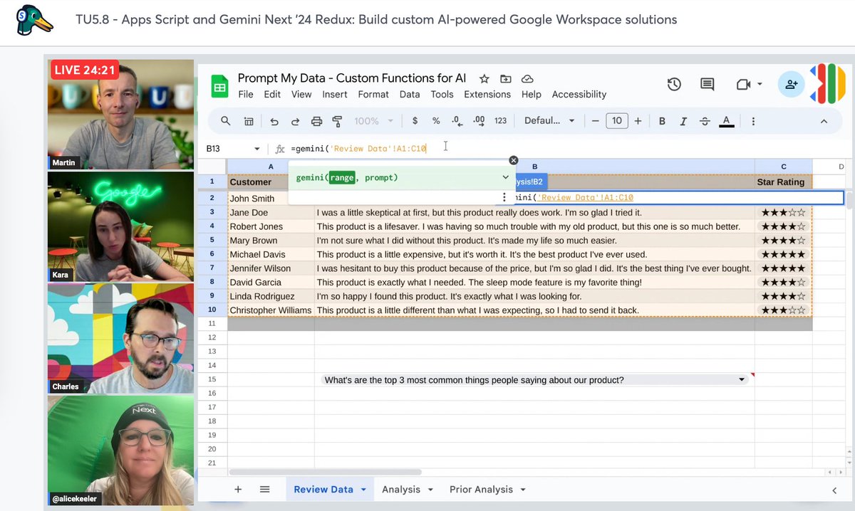 alicekeeler's tweet photo. Check out making a custom function of =GEMINI to pass AI prompts by using a spreadsheet!
https://t.co/jribkCJ8Dq
#TotallyUnscripted
@chasmaxson @mhawksey @KIreland320 https://t.co/T3ASHi7dXh