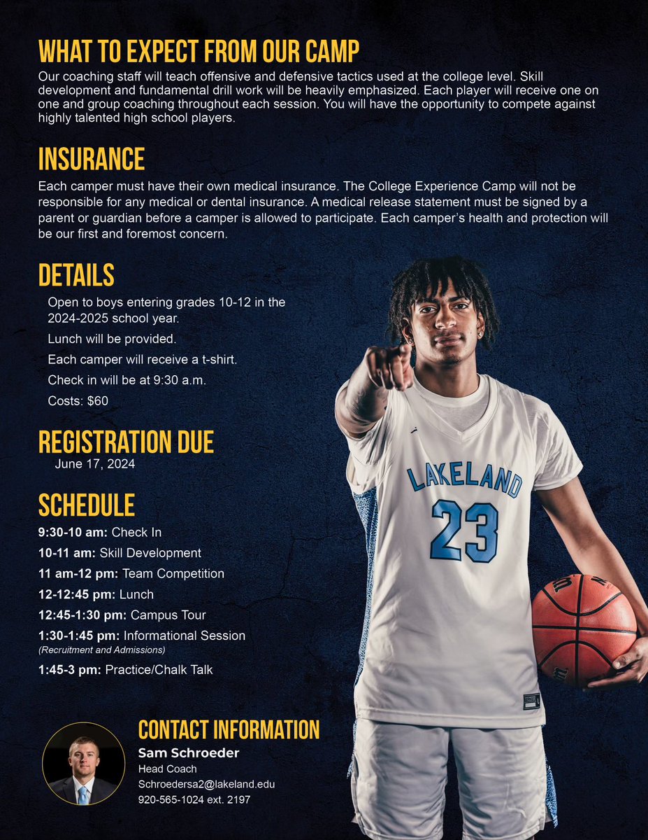 Looking forward to hosting our annual College Basketball Experience/Prospect Camp at Lakeland University! Camp is open for high school boys entering grades 10-12 in the fall.