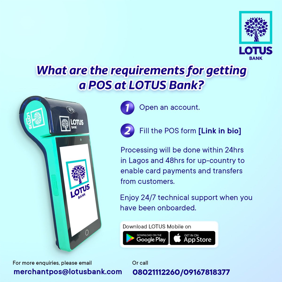 Take the next step with Lotus Bank and acquire your own POS terminal today! Let’s make banking convenient for you and your customers! #LotusBank #AgencyBanking #POSolutions #PartnerProgressProsper