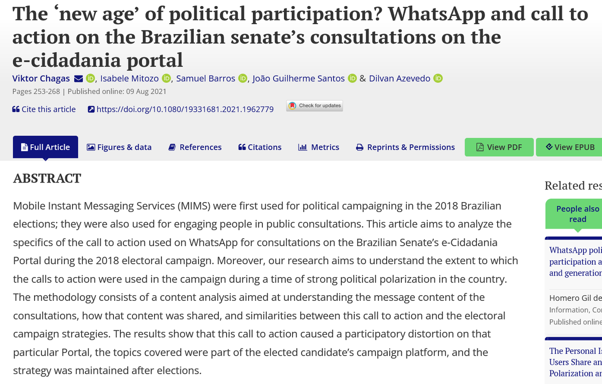 This study analyzes the call to action used on #WhatsApp for consultations on the Brazilian 🇧🇷Senate’s e-Cidadania Portal during the 2018 electoral campaign. By: Drs. @ombudsmanviktor, @mitozoIB, @samuel_barros, @Jgb_santos, & Azevedo