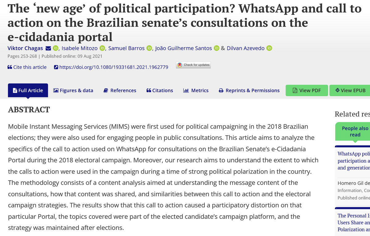 JITP_APSA's tweet photo. This study analyzes the call to action used on #WhatsApp for consultations on the Brazilian 🇧🇷Senate’s e-Cidadania Portal during the 2018 electoral campaign.

By: Drs. @ombudsmanviktor, @mitozoIB, @samuel_barros, @Jgb_santos, &amp; Azevedo https://t.co/ynVWfT2MYa