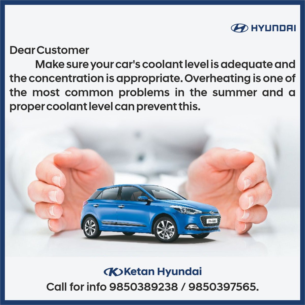 Dear Customer
Make sure your car's coolant level is adequate and the concentration is appropriate. Overheating is one of the most common problems in the summer and a proper coolant level can prevent this. Call for info 9850389238 / 9850397565

#HyundaiIndia #HyundaiService