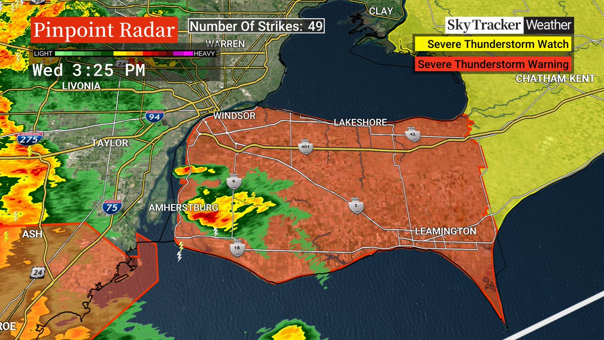 3:30pm - First severe thunderstorm of the day. This storm is out ahead of the main line and will impact the areas just east of Windsor.