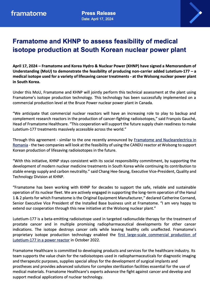 ✍Framatome& Korea Hydro & Nuclear Power have signed a Memorandum of Understanding to demonstrate the feasibility of producing non-carrier added Lutetium-177 (a medical isotope used for a variety of lifesaving cancer treatments) at the Wolsong nuclear power plant in South Korea