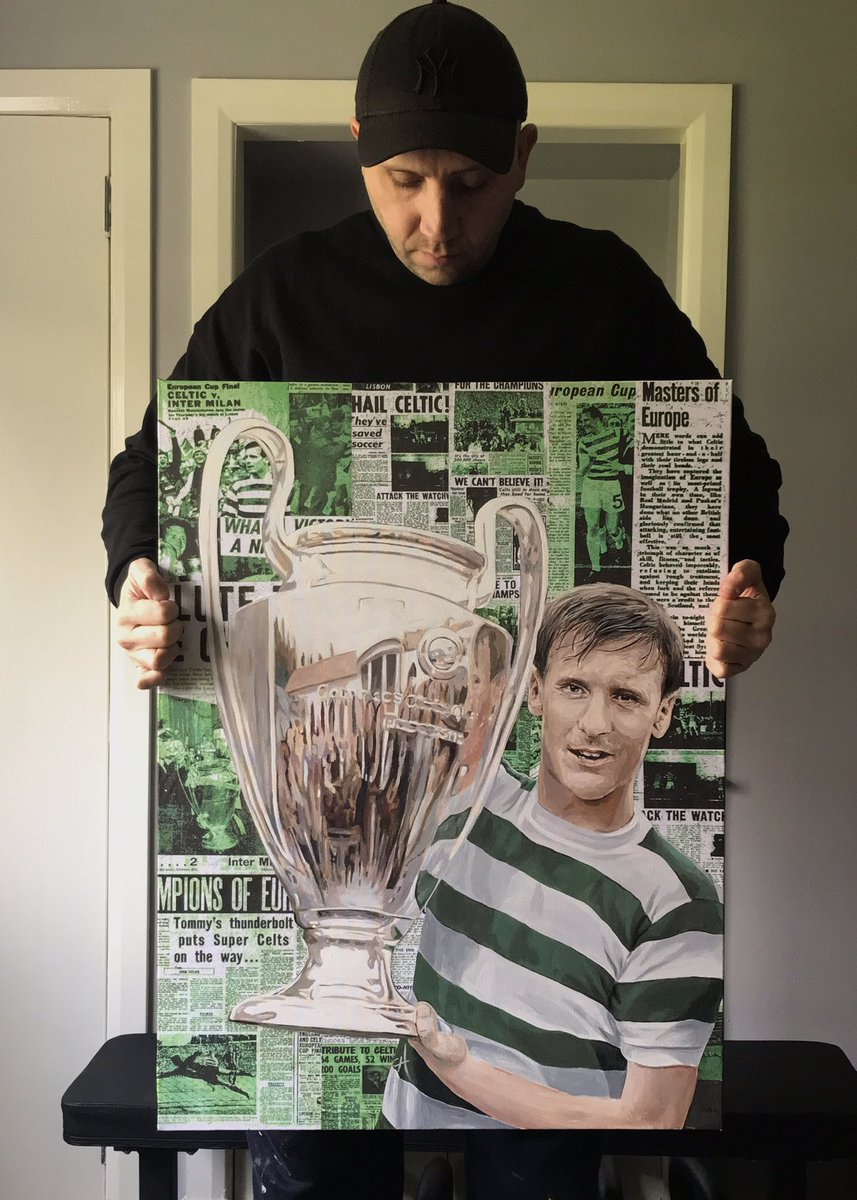 Billy McNeill ‘Read All About It”. I thought I try something new here, mixed media and resin…there’s also a backdrop of gold glitter, quite a classy piece of art, god bless the Lisbon Lions 🎨🍀 #celticfc