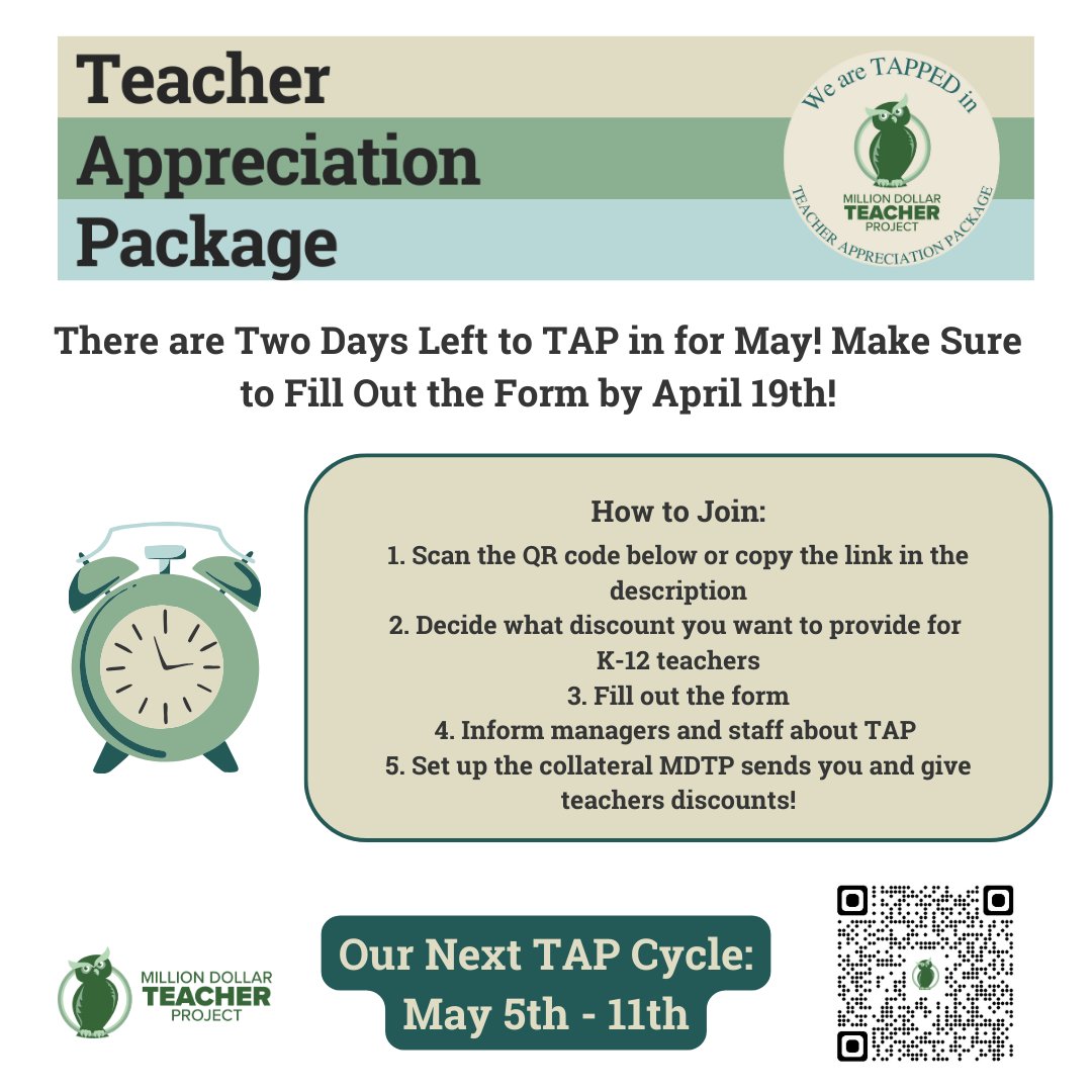 April 19th is the LAST day for businesses to join May’s Teacher Appreciation Package program!  Thanks a Million to all of the businesses that have already joined!

forms.gle/4qVgnWsp465CXE…

#arizona #phoenix #scottsdale #localbusiness #shopsmall #smallbusinesslove #business