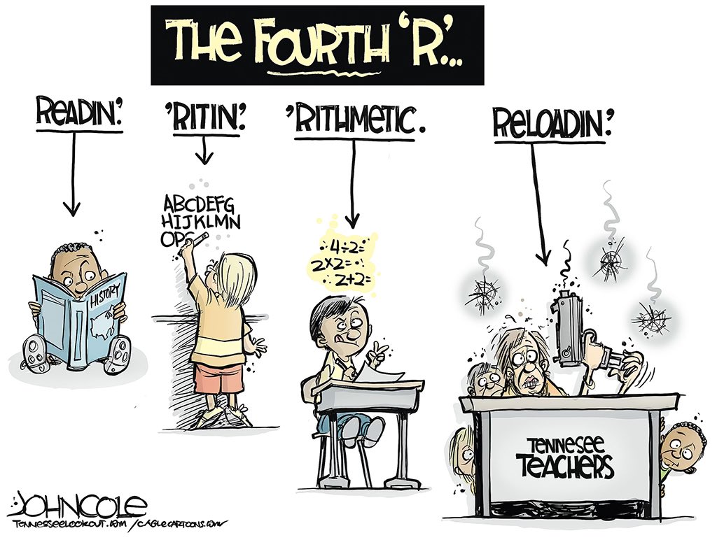 From @ColeToon: Reading, writing, 'rithmetic and reloading: the Tennessee House votes today on a measure to arm teachers.