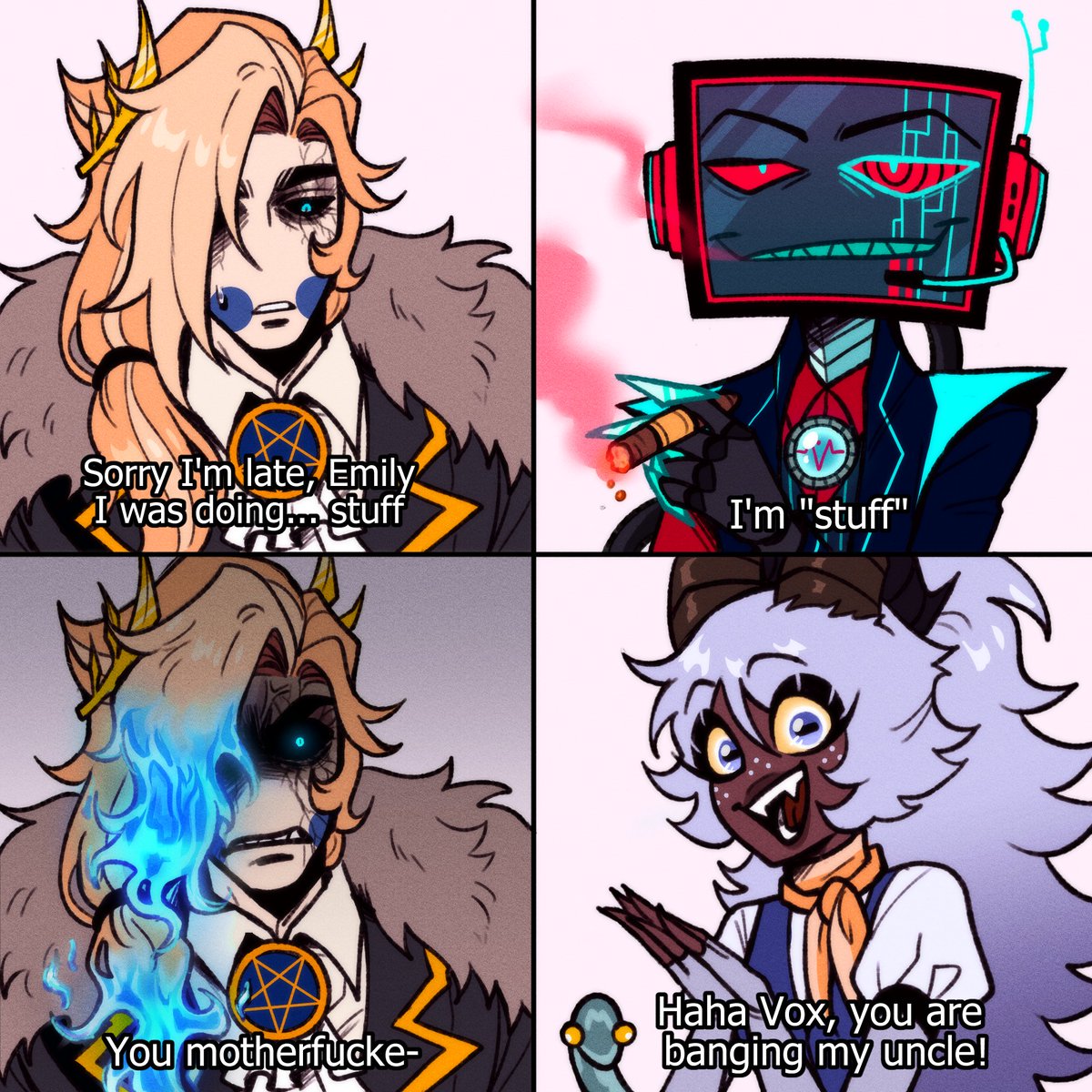 Michael sure is a busy guy #JusticeStatic #RuddyHotel #HazbinHotel #HazbinHotelVox #HazbinHotelMichael #HazbinHotelEmily