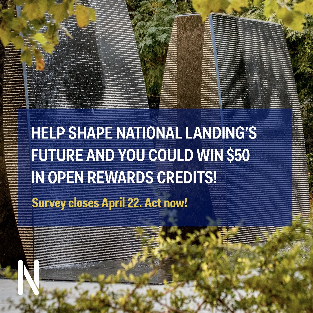 📢 Calling all community members! Take our quick survey to help shape the future of National Landing. Your input will improve public safety and cleanliness. Plus, you could win $50 in credits via our Open Rewards program! Survey closes April 22! Survey: bit.ly/3vNgR2b