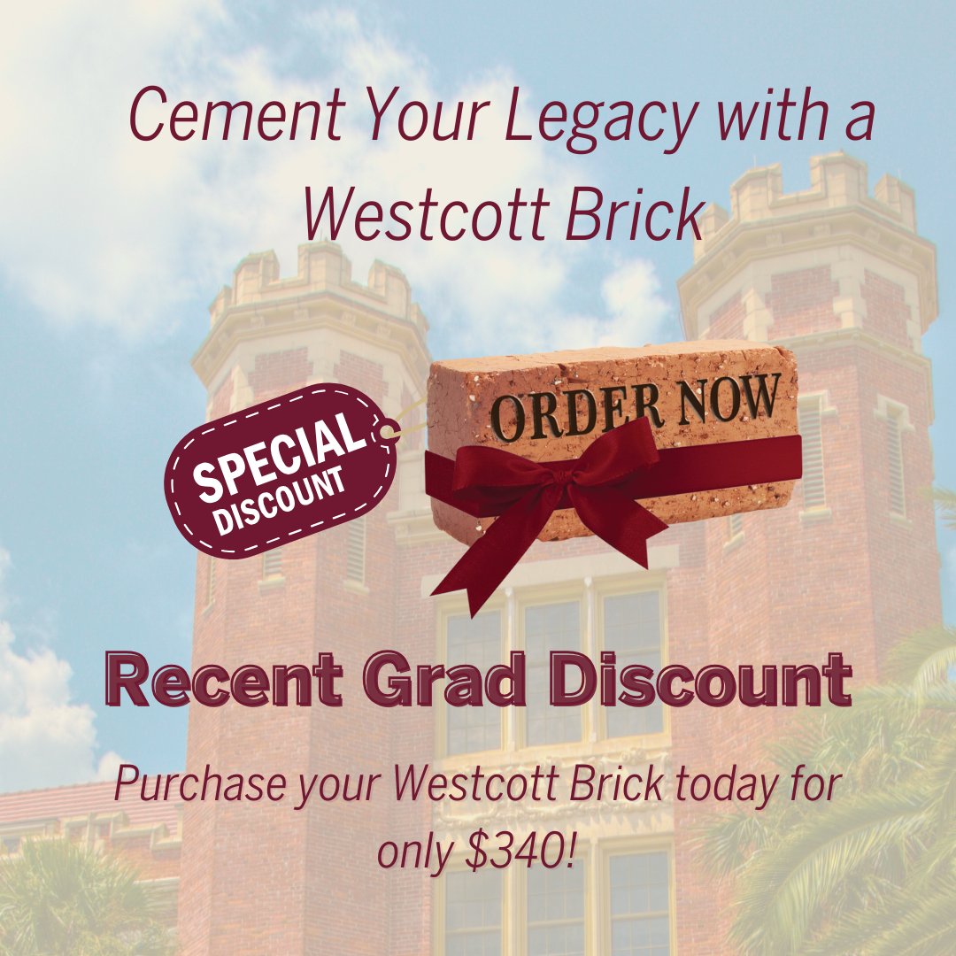 🎓 Did you know recent grads up to three years are eligible to get a discount on their Westcott Brick? Don’t miss out and cement your legacy on FSU’s campus today! To get your discounted brick visit: gonol.es/westcottbrick