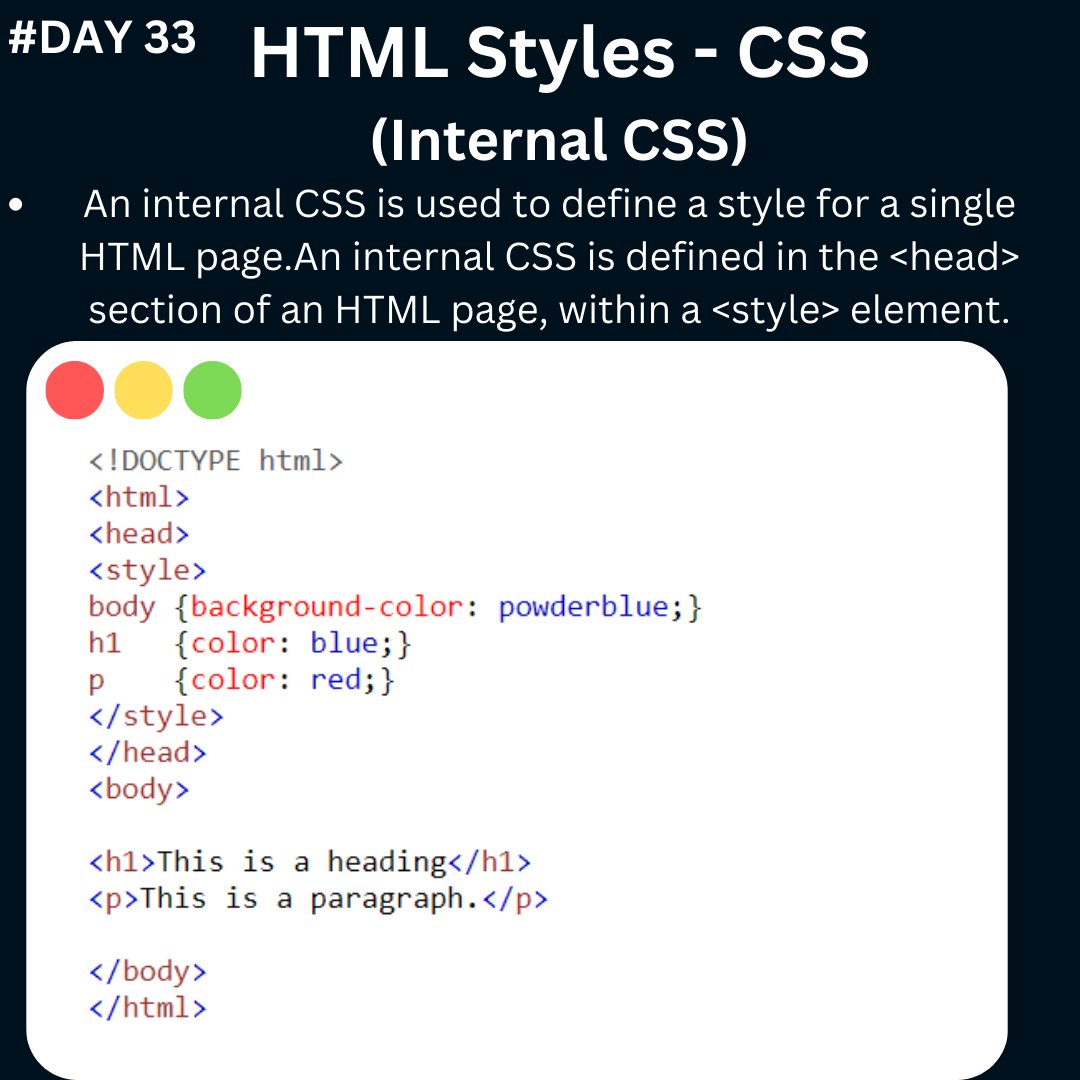 harshsoni_hs's tweet image. DAY 33: Crafting Style Harmony with Internal CSS!  
-Tailored Style for Every Page: Define a unique style for your HTML page.  
-Seamless Integration: Embed CSS within the &amp;lt;head&amp;gt; section using &amp;lt;style&amp;gt; tags.  
#HTML #InternalCSS #day33