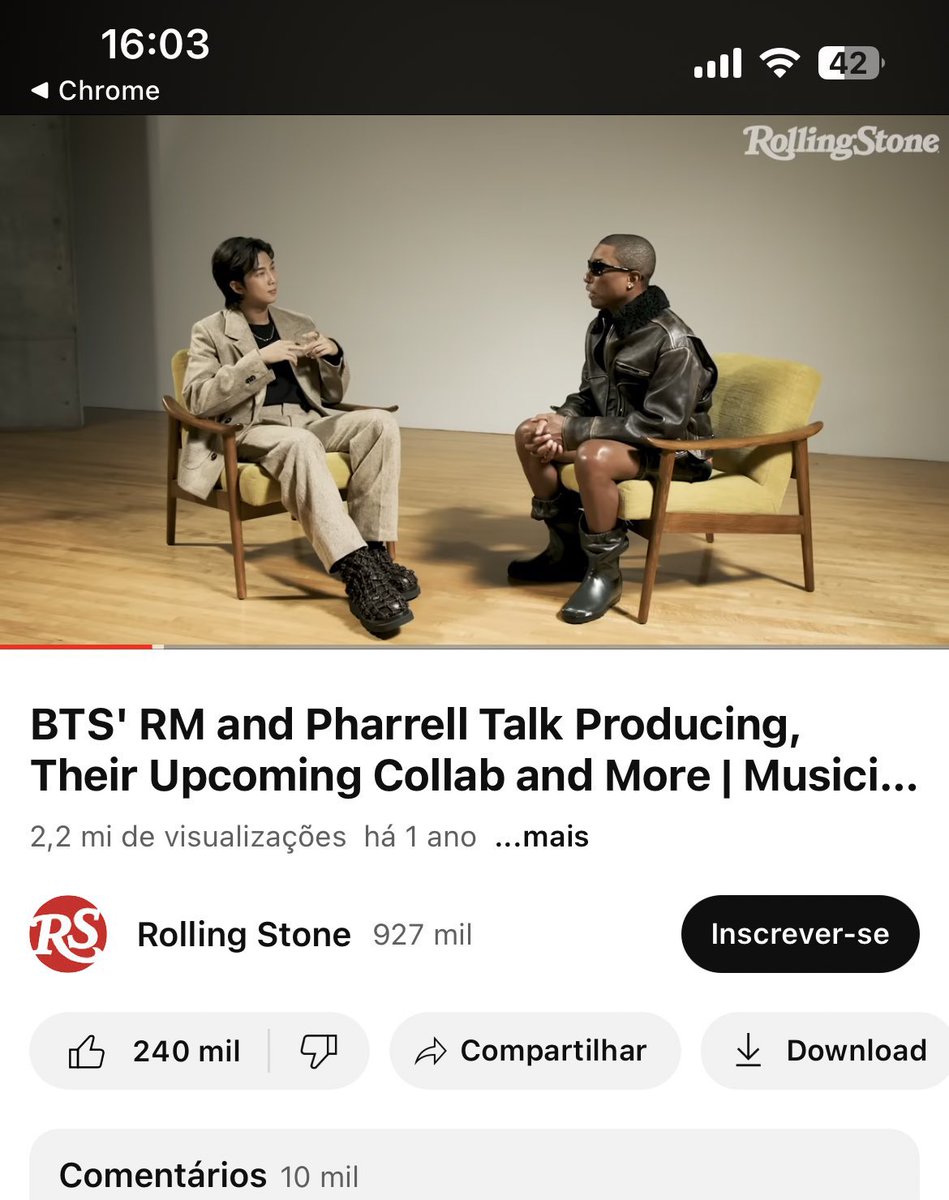👀| Em uma entrevista para a Rolling Stone, em novembro de 2022, #RM e Pharrell Williams falaram sobre uma Collab. O army está supondo que “RPWP” está relacionado ao possivel feat. Vem aí a collab prometida há anos?🤔