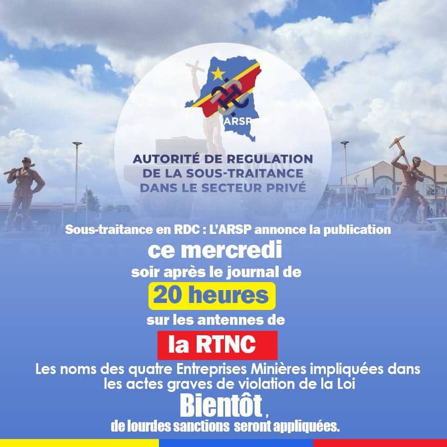 🚨🚨🚨Nous annonçons la publication ce soir à 20 heures sur les antennes de la RTNC des noms des quatre Entreprises minières impliquées dans les actes graves de violation de la Loi. Bientôt , des lourdes sanctions seront appliquées. #ARSP