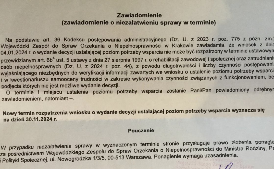 Rozpatrzenie wniosku o wydanie decyzji ustalającej poziom potrzeby wsparcia...11 miesięcy czekania🤯, termin 30 LISTOPAD, wniosek złożony 4 stycznia! (pismo znalezione na FB) @MRPiPS_GOV__PL 🤦‍♀️ @LukaszKrason 🤦‍♂️ @AgaBak 🤦 to ten Państwa sukces? gdyż porażka to rozumiem, że PiS?