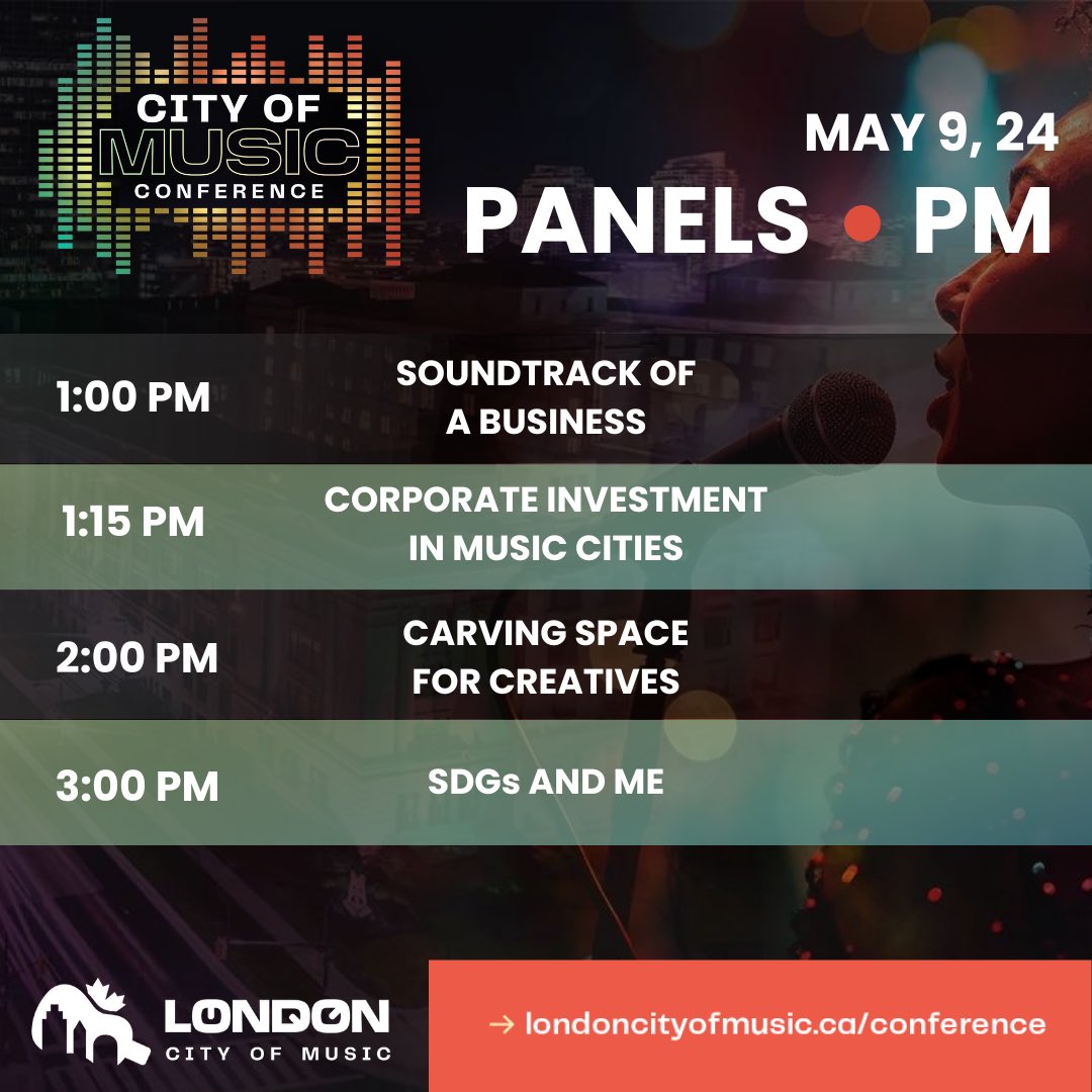 Panel announcement for the #CityofMusic Conference! Happening May 9, 24 at @londonmusichall from 9 AM - 4 PM! 🎶😃 Get your 🎟️: bit.ly/3xrlgbw See you there! #UNESCO #LdnOnt