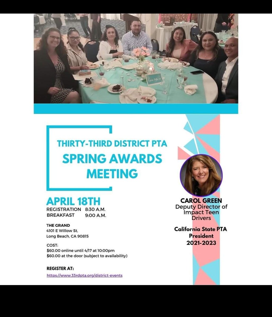 Registration closes tonight (4/17) at 10:00pm! Click here to register 33rdpta.org/district-events See you THERE!