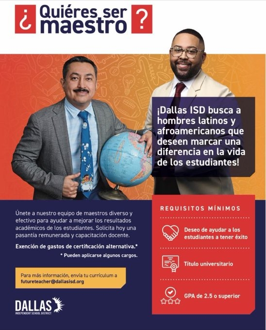 Dallas ISD is proud to announce that we are accepting applicants for our 9th Cohort of the Latino and Black Male Resident Teacher Program. Information dates: April 17, 2024 April 24, 2024 May 1, 2024 RSVP at DallasISD.org/hcmjobfair Simeon Oston Grow Your Own Coordinator II